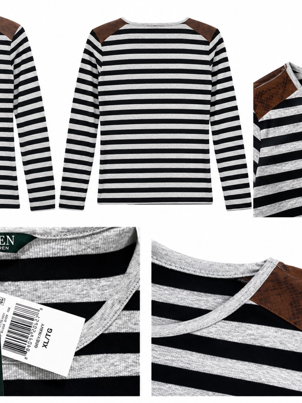Lauren navy and gray striped long sleeve shirt with brown leather shoulder xl